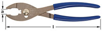 Horizontal Image of adjustable combination pliers with blue handles. The plier head has a rounded, serrated gripping area and a slider nut for adjusting the jaw width. An arrow pointing horizontally indicates the length of the pliers, while another arrow 